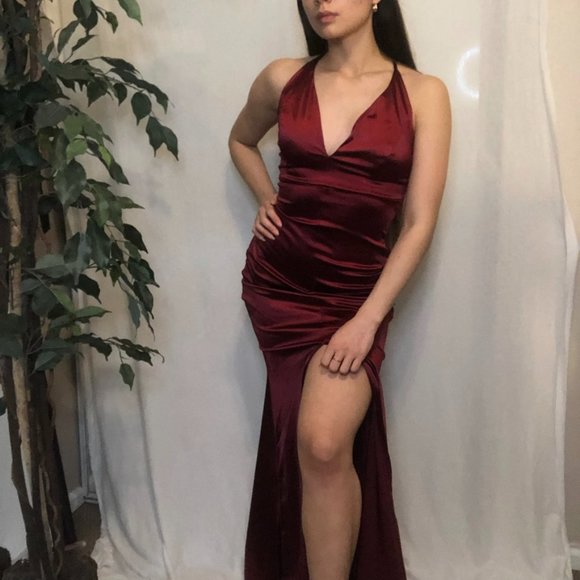 Formal Red Sexy Floor Length Mermaid Satin Dress - Picture 4 of 10